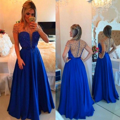 Royal Blue Short Sleeves Beaded Prom Dresses Sheer Tulle Back with Bowknot Belt Evening Gowns BT00_1