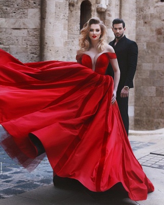 Glamorous Off-the-Shoulder Evening Dress |Red Long Prom Dress_5
