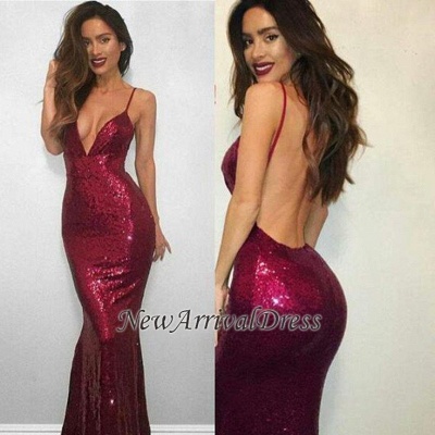 Sequined Sexy Sleeveless Spaghetti-Strap Red V-neck Backless Mermaid Prom Dress_1