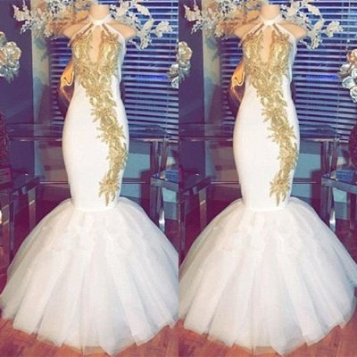 White Mermaid Prom Dresses  |Halter Evening Gowns With Gold Appliques BA8790_3