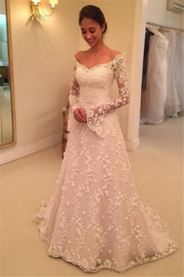 Sexy Off The Shoulder Lace Bridal Gowns  | Long Sleeve Wedding Dresses with Buttons_2