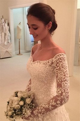 Sexy Off The Shoulder Lace Bridal Gowns  | Long Sleeve Wedding Dresses with Buttons_3