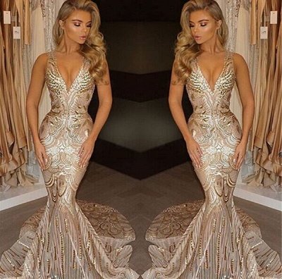 Champagne Gold V-neck Sleeveless Mermaid Sexy Deep Sequins Evening Gown_3