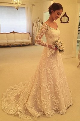 Sexy Off The Shoulder Lace Bridal Gowns  | Long Sleeve Wedding Dresses with Buttons_5