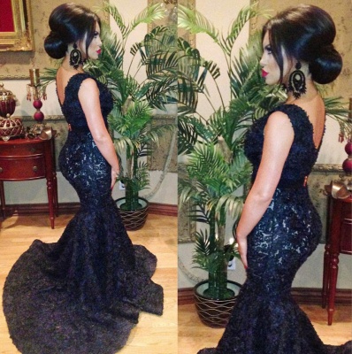 Custom Made Prom Dresses Fashion V-neck Black Beaded Lace Mermaid Sweep Train Backless Evening Gowns BO3589_2