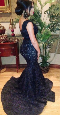 Custom Made Prom Dresses Fashion V-neck Black Beaded Lace Mermaid Sweep Train Backless Evening Gowns BO3589_1