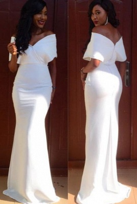 Off Shoulder White Mermaid Prom Dresses Sweep Train Sexy Evening Gowns_1