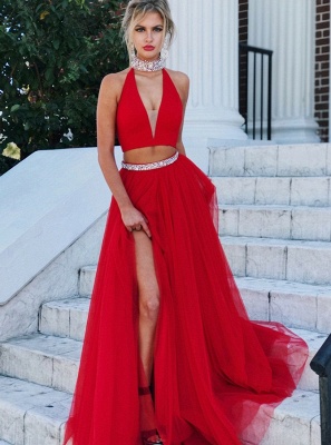 Sexy Red Two Piece Crystals Formal Dress | High Neck Evening Gown_1