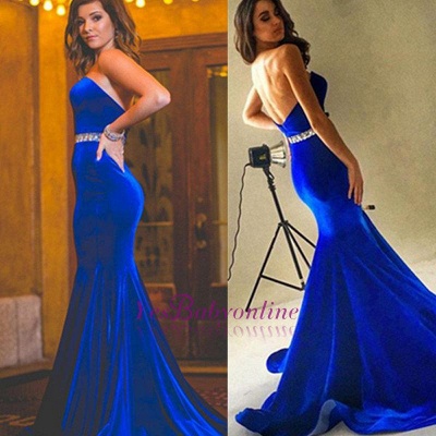 Vestido de fiesta con cinturón de cristales azul real de terciopelo de novia de sirena encantadora sin espalda_3