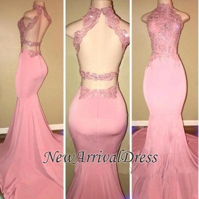 Pink Open Back High Neck Mermaid Long Prom Dresses  | Pink Prom Dresses_1