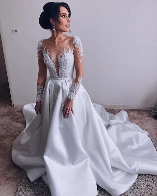 Elegant Satin Long Sleeves Wedding Dresses | 2021 Lace A-Line  Bridal Gowns_3