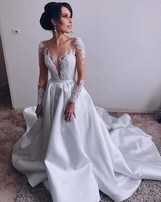 Elegantes vestidos de novia de manga larga de satén | 2021 encaje una línea de vestidos de novia baratos_3