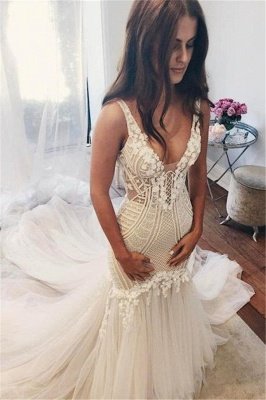 Mermaid V-Neck Wedding Dresses | Sleeveless Open Back Bridal Dresses with Buttons_1