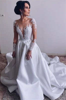 Elegantes vestidos de novia de manga larga de satén | 2021 encaje una línea de vestidos de novia baratos_1