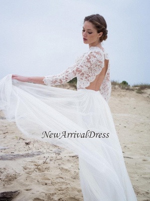 V-neck Elegant A-Line 3/4  Sleeve Lace Wedding Dresses | Beautiful Simple Beach Wedding Dresses_1
