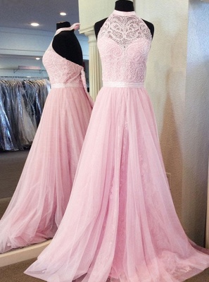 Popular Pink Lace High Neck A-line Sleeveless Prom Dress_3