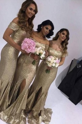 Precioso vestido de dama de honor con hombros descubiertos y manga corta con volantes y sirena_2