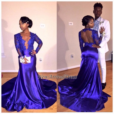 Popular Long-sleeve Appliques Sexy Sheer-Back V-neck Prom Dresses_1