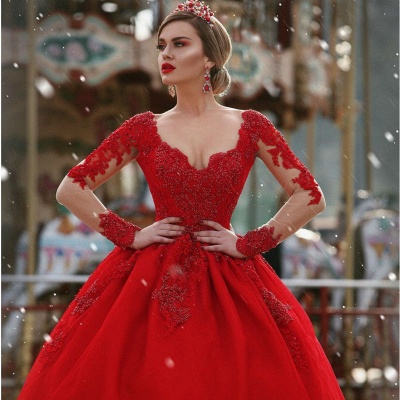 Red New Arrival Lace Appliques Wedding Dresses with Sleeves | Luxury Illusion Sexy  Bridal Gowns  Online_4