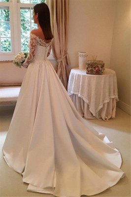 Vestidos de novia de manga larga con hombros descubiertos | Vestidos de novia elegantes de satén baratos en línea_4