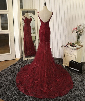 Tulle Mermaid Burgundy Prom Dresses Appliques Open Back Dresses Lace Evening Gowns_3