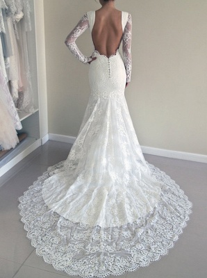Backless Mermaid Gorgeous Lace Long Sleeve Sweep Train Wedding Dresses  Online_4