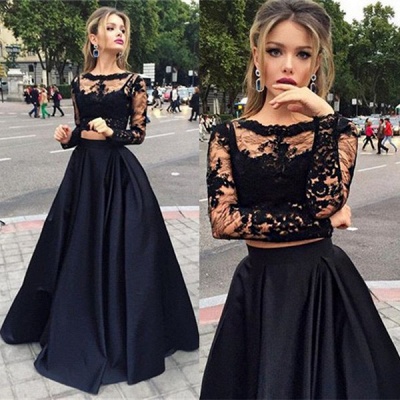 Modern Two Piece Black Lace A-line Long Sleeve Prom Dress_3