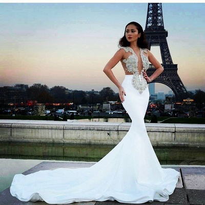 Modest Sheer Lace Appliques White Prom Dresses Long Mermaid BA6494_3