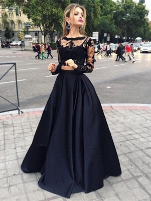 Modern Two Piece Black Lace A-line Long Sleeve Prom Dress_1