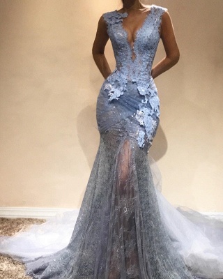 Glamorous V-Neck Sexy Mermaid Prom Dresses | Sleeveless Tulle Appliques Evening Gowns_3