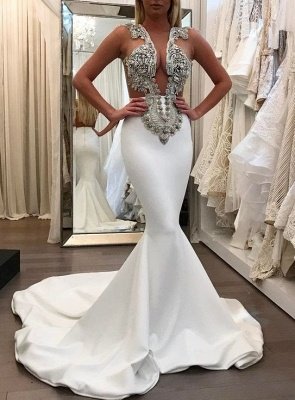 Modest Sheer Lace Appliques White Prom Dresses Long Mermaid BA6494_2