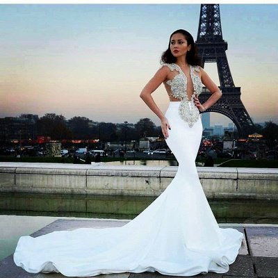 Modest Sheer Lace Appliques White Prom Dresses Long Mermaid BA6494_3