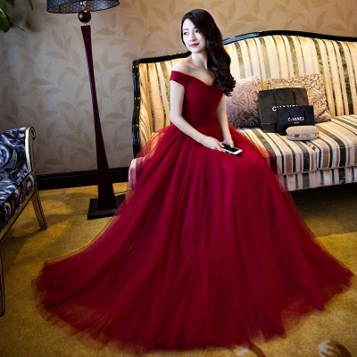 Newest Off-the-Shoulder Lace-Up Red A-line Prom Dress_4