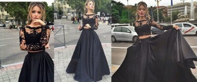 Modern Two Piece Black Lace A-line Long Sleeve Prom Dress_5