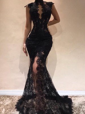 Sexy Schwarze Spitze Meerjungfrau Abendkleider | High Keyhole Neck schiere Slit Prom Kleider_1