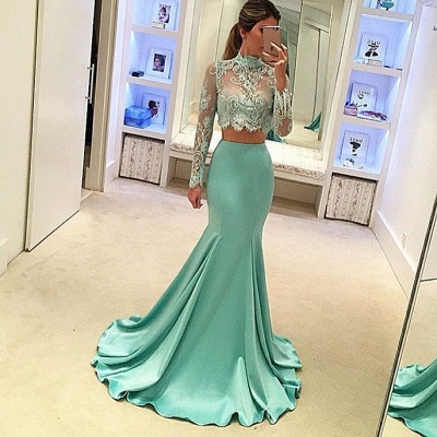 Mint High-Neck Mermaid Two-Piece Long-Sleeves Long Prom Dresses_1