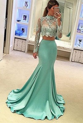 Mint High-Neck Mermaid Two-Piece Long-Sleeves Long Prom Dresses_2