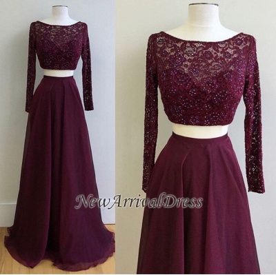 Gorgeous Two Piece Burgundy Prom Dresses | Long Sleeve Lace Evening Dress with Beads_1