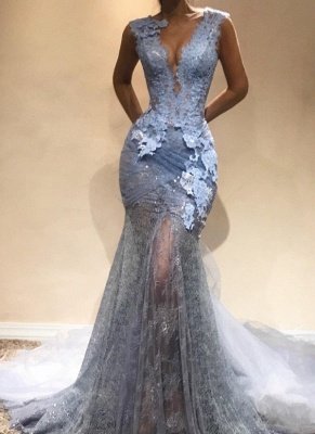 Glamorous V-Neck Sexy Mermaid Prom Dresses | Sleeveless Tulle Appliques Evening Gowns_1