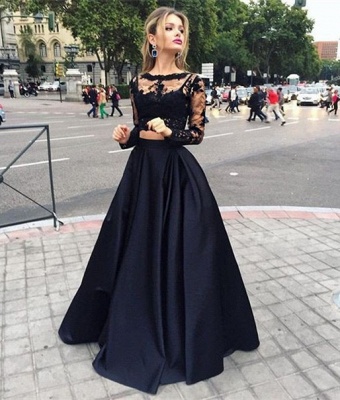 Modern Two Piece Black Lace A-line Long Sleeve Prom Dress_4