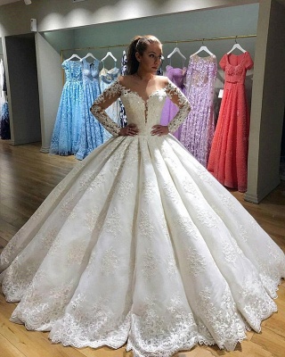 Elegant Long Sleeves Appliques Wedding Dresses | Puffy Sheer Bridal Ball Gown_3