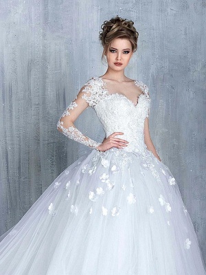 New Arrival Long Sleeve Lace Bridal Gowns Tulle Open Back Court Train Wedding Dresses_1