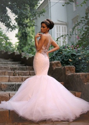 Elegant Lace Beaded  Wedding Dresses Mermaid Illusion Tulle Bridal Gowns WE0010_3