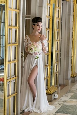 V-Ausschnitt Günstige Einfache Brautkleider Online | Chiffon Langarm Sexy Schlitz Brautkleider_5