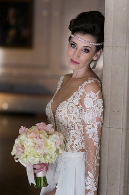 V-Ausschnitt Günstige Einfache Brautkleider Online | Chiffon Langarm Sexy Schlitz Brautkleider_6