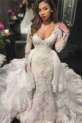 V-neck Beads Lace Appliques Wedding Dresses with Sleeves | Mermaid Overskirt Bridal Dresses_1