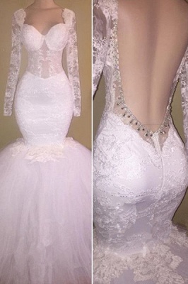 Long Sleeve White Lace Mermaid Beads Prom Dresses  | Prom Dresses_1