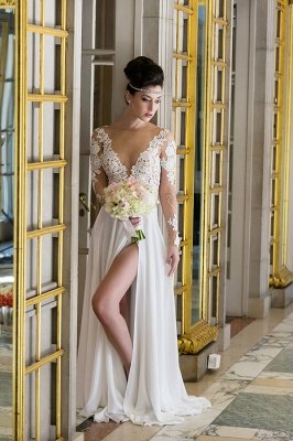V-neck  Simple Wedding Dresses Online | Chiffon Long Sleeve Sexy Slit Bridal Gowns_1