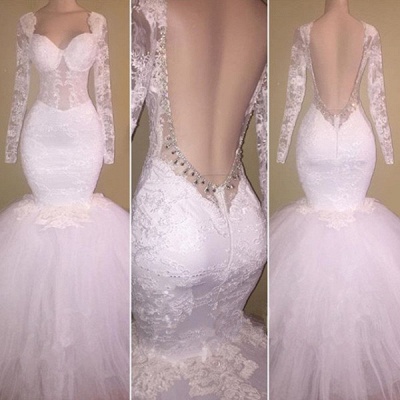 Long Sleeve White Lace Mermaid Beads Prom Dresses  | Prom Dresses_3