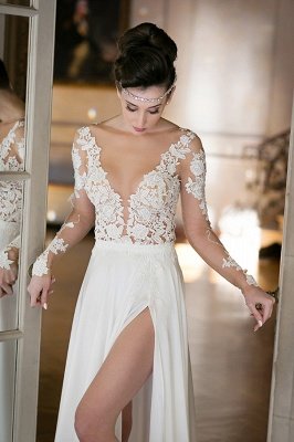 V-Ausschnitt Günstige Einfache Brautkleider Online | Chiffon Langarm Sexy Schlitz Brautkleider_4